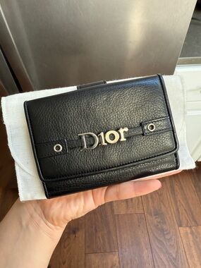 Dior Black Leather Compact Wallet with Silver Dior Logo